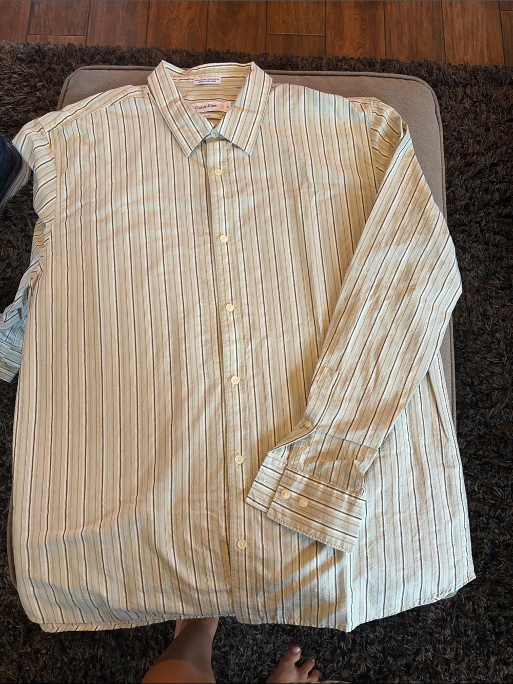 Calvin Klein Men’s Cream Button-Up Shirt with Subtle Stripes